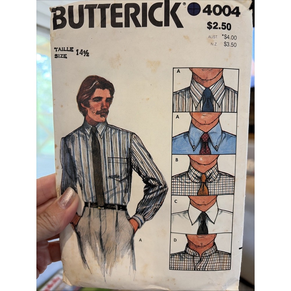 Butterick 4004 Mens Shirt Sewing Pattern Size 14.5 Vintage Original 70s 80s